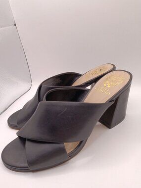 Vince Camuto Levey Black Leather Block Heel Mules WomenS Open Toe Crisscross Str